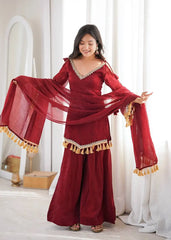 Maroon Suit – full-length standing pose highlighting cold shoulder and Palazzo flow