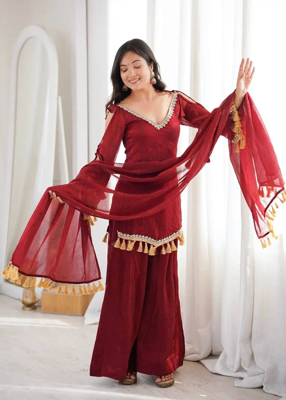Maroon Mirror Work Suit – full-length pose with dupatta draped over shoulder