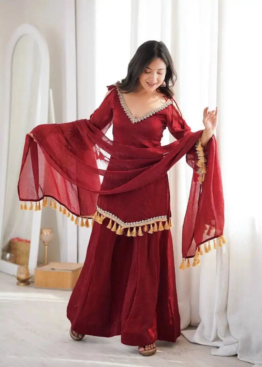 Maroon Suit – full-length side-angle view with bell sleeves extended
