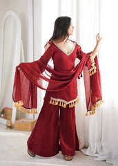 Maroon Mirror Work Suit – full-length pose showing complete outfit with dupatta