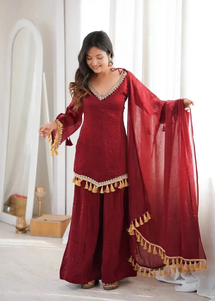 Maroon Mirror Work Suit – full-length model shot with Palazzo and dupatta