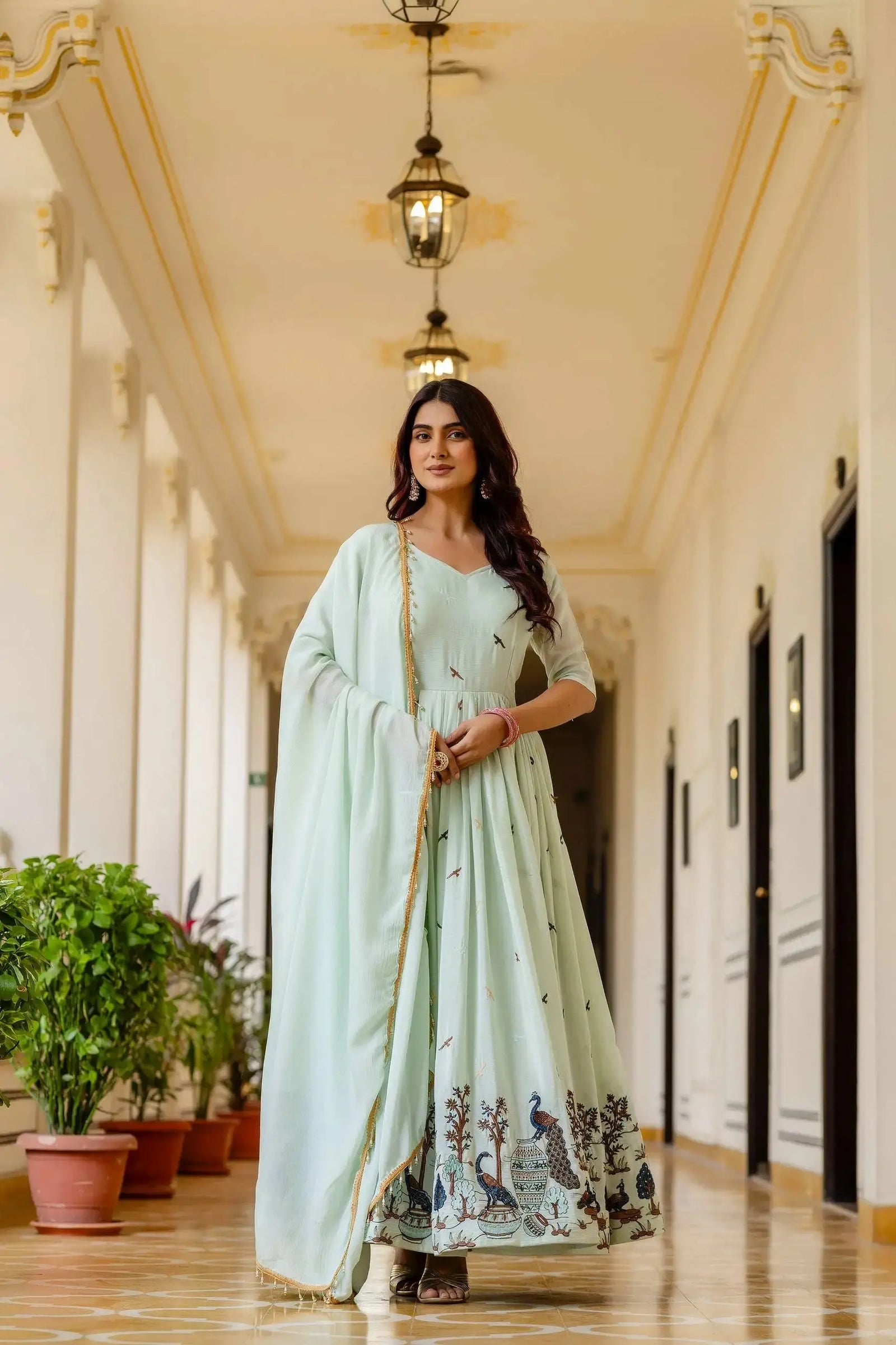 Pastel Pistachio Green Chinon Anarkali Suit with Zari Border Dupatta – KU214