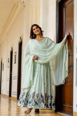 Model leaning with Pastel Pistachio Green Embroidered Anarkali Suit and dupatta
