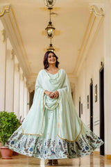 Side view of Pastel Green Anarkali Suit with gold zari border dupatta – Kalyanja