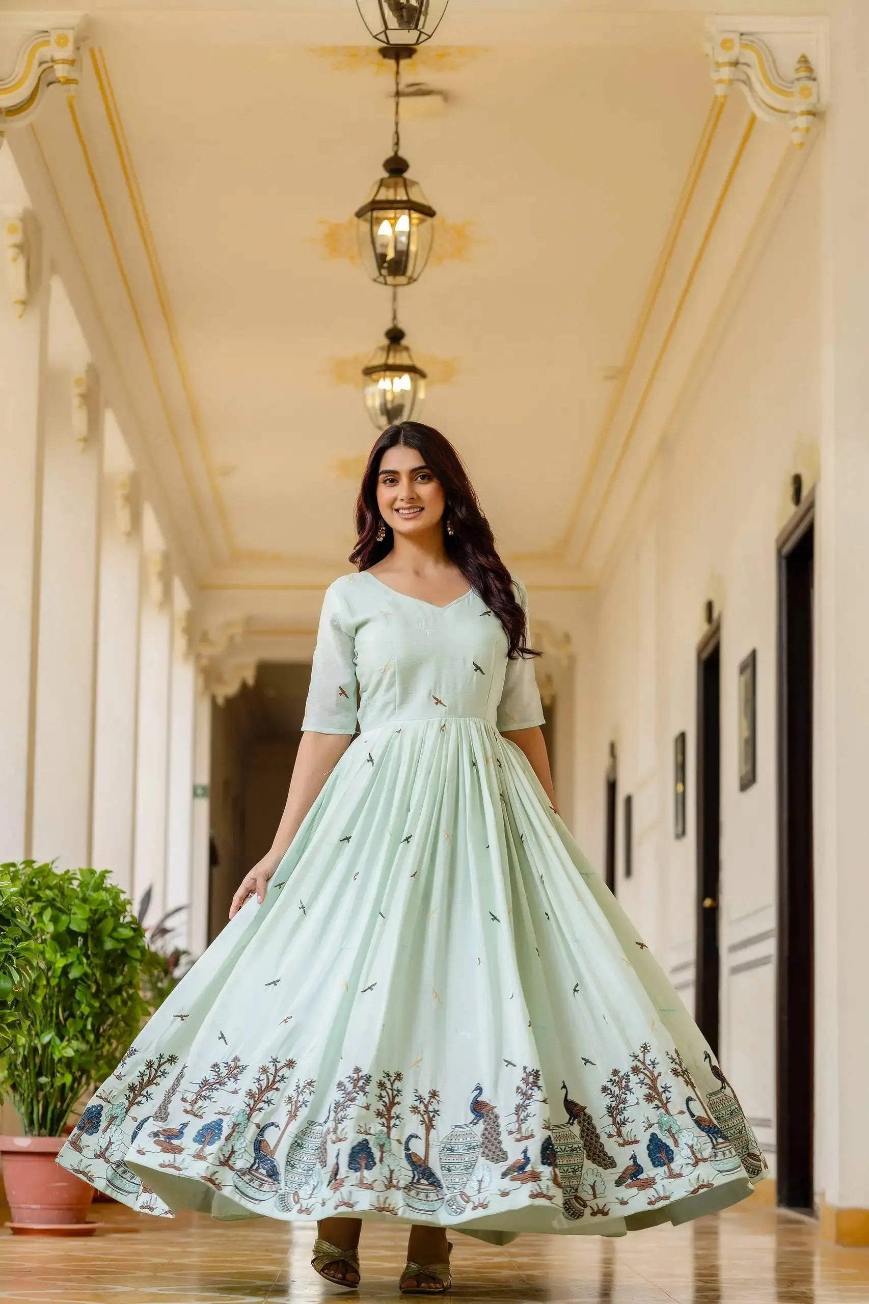 Anarkali Suit twirl showing peacock embroidered hem border – KU214 | Kalyanja
