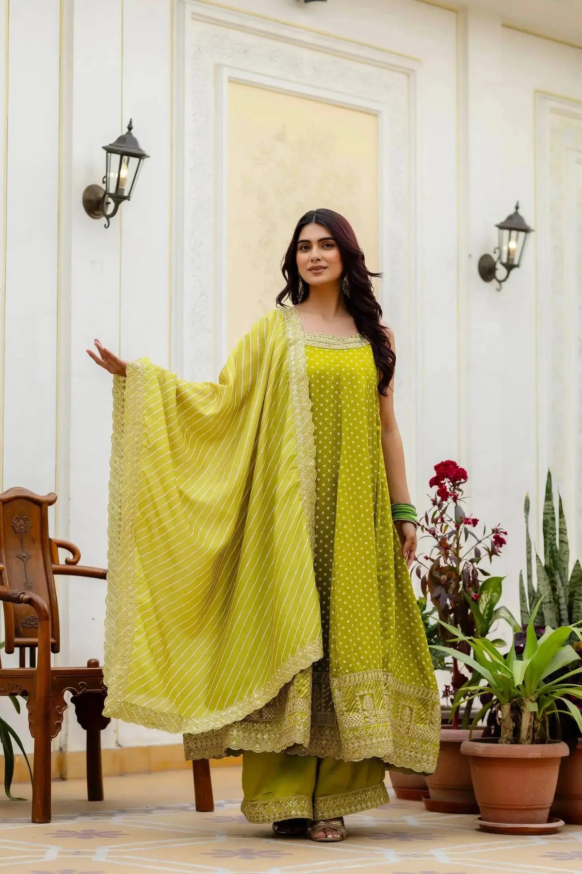 Android Green Embroidered Anarkali Suit – back view showing open back