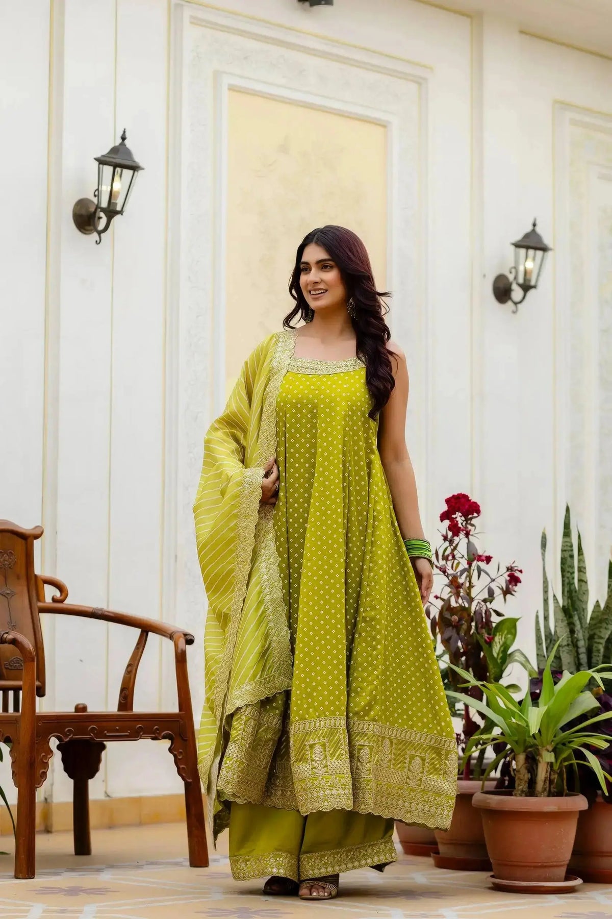 Android Green Suit – mirror work and sequins close-up on yoke panel