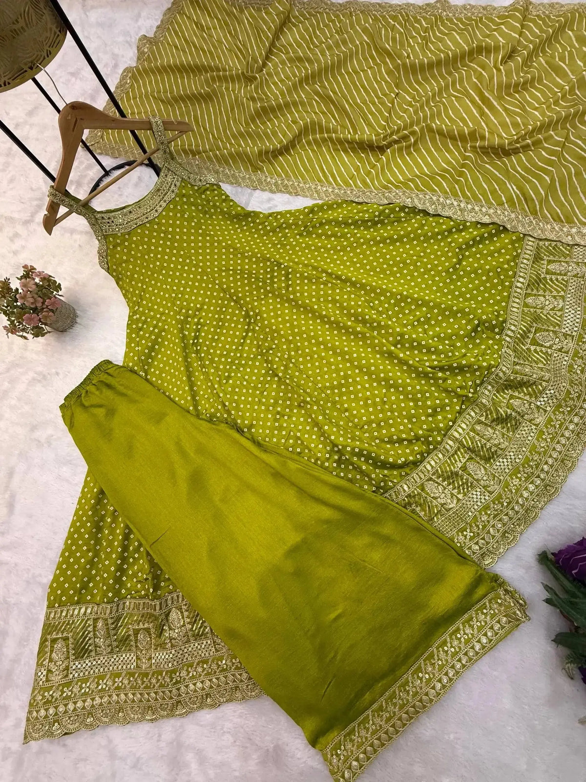 Android Green Embroidered Anarkali Suit flat lay – suit, Palazzo and Striped Lurex dupatta