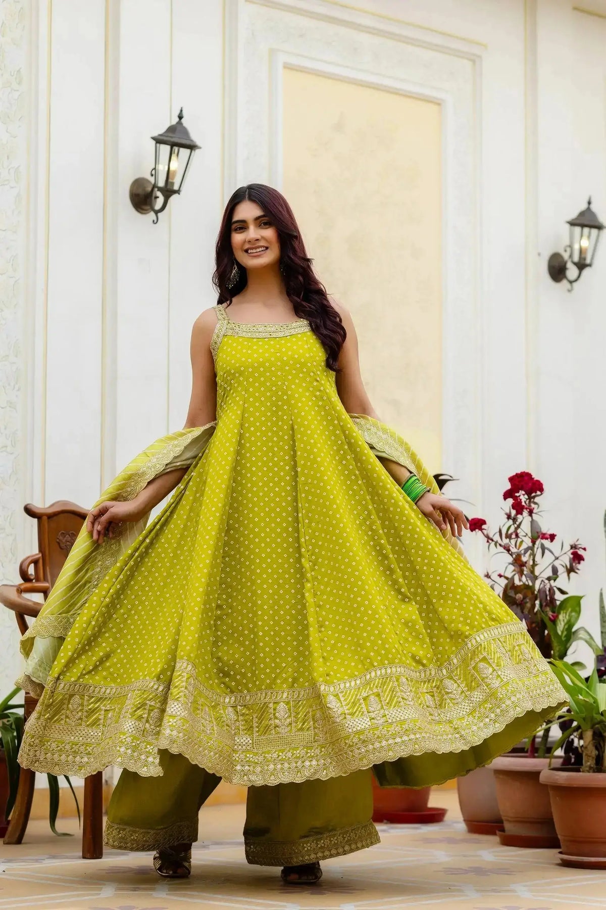 Android Green Anarkali Suit – second front view showing full Maxi length and Palazzo