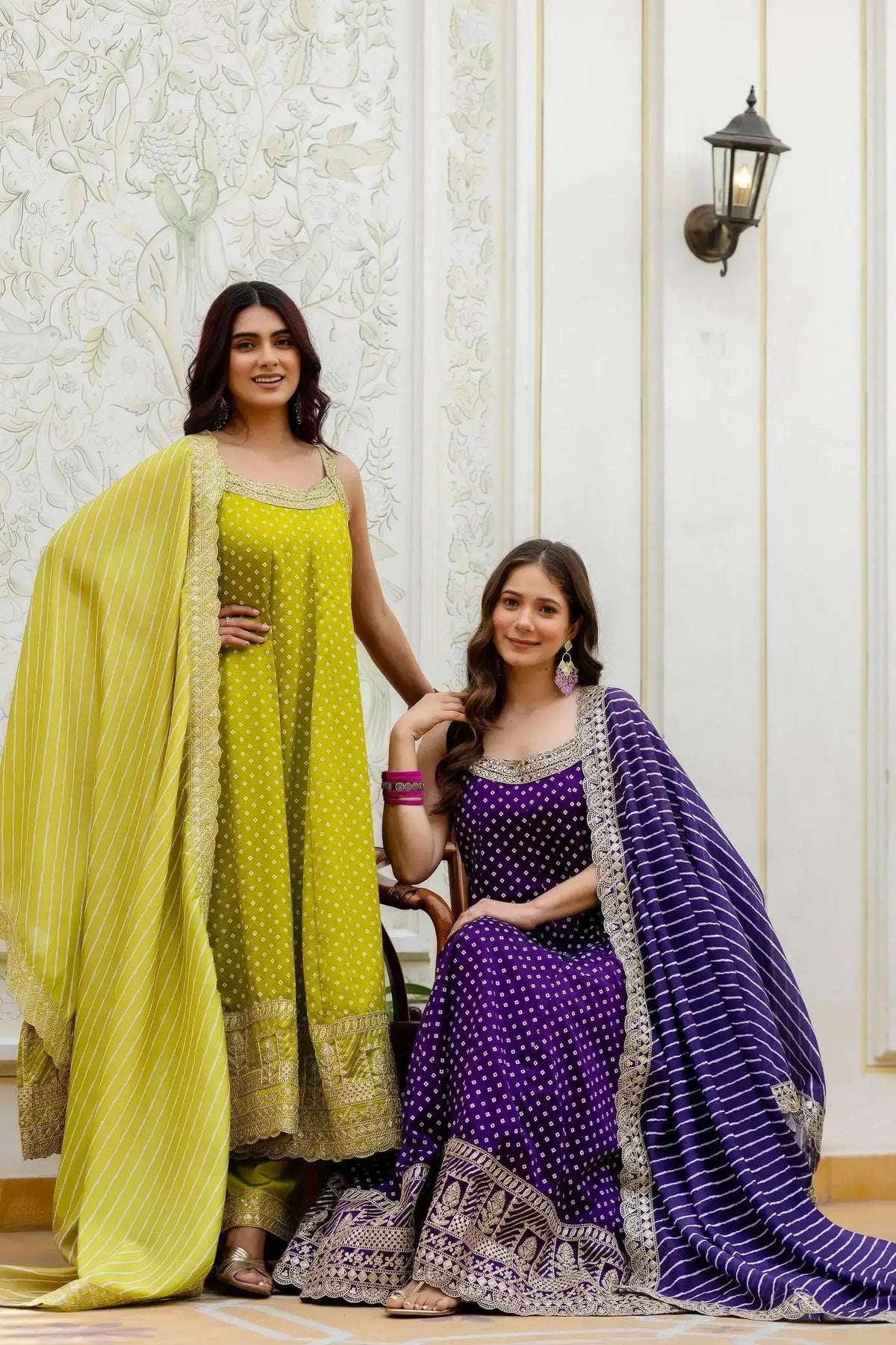Android Green Anarkali Suit set – full-length view showing complete 3-piece set