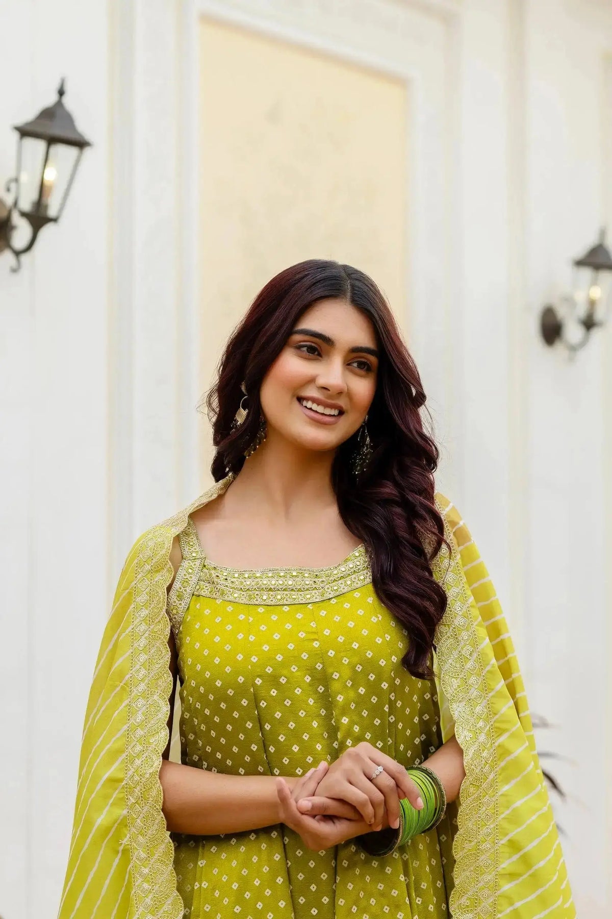 Android Green Embroidered Suit – side view showing silhouette and dupatta drape