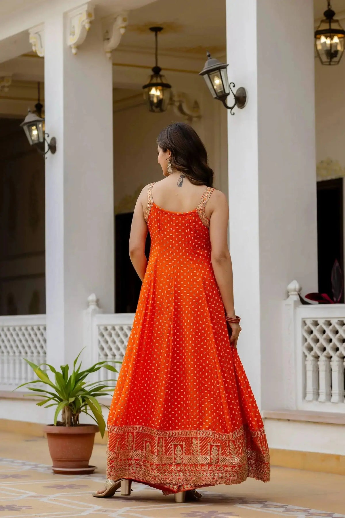 Orange Anarkali Suit – second back view with dupatta
