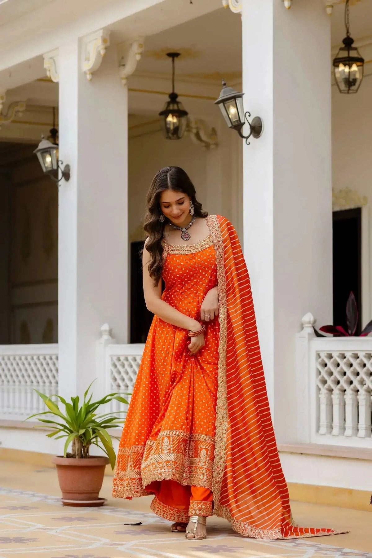 Orange Embroidered Anarkali Suit – back view showing open back