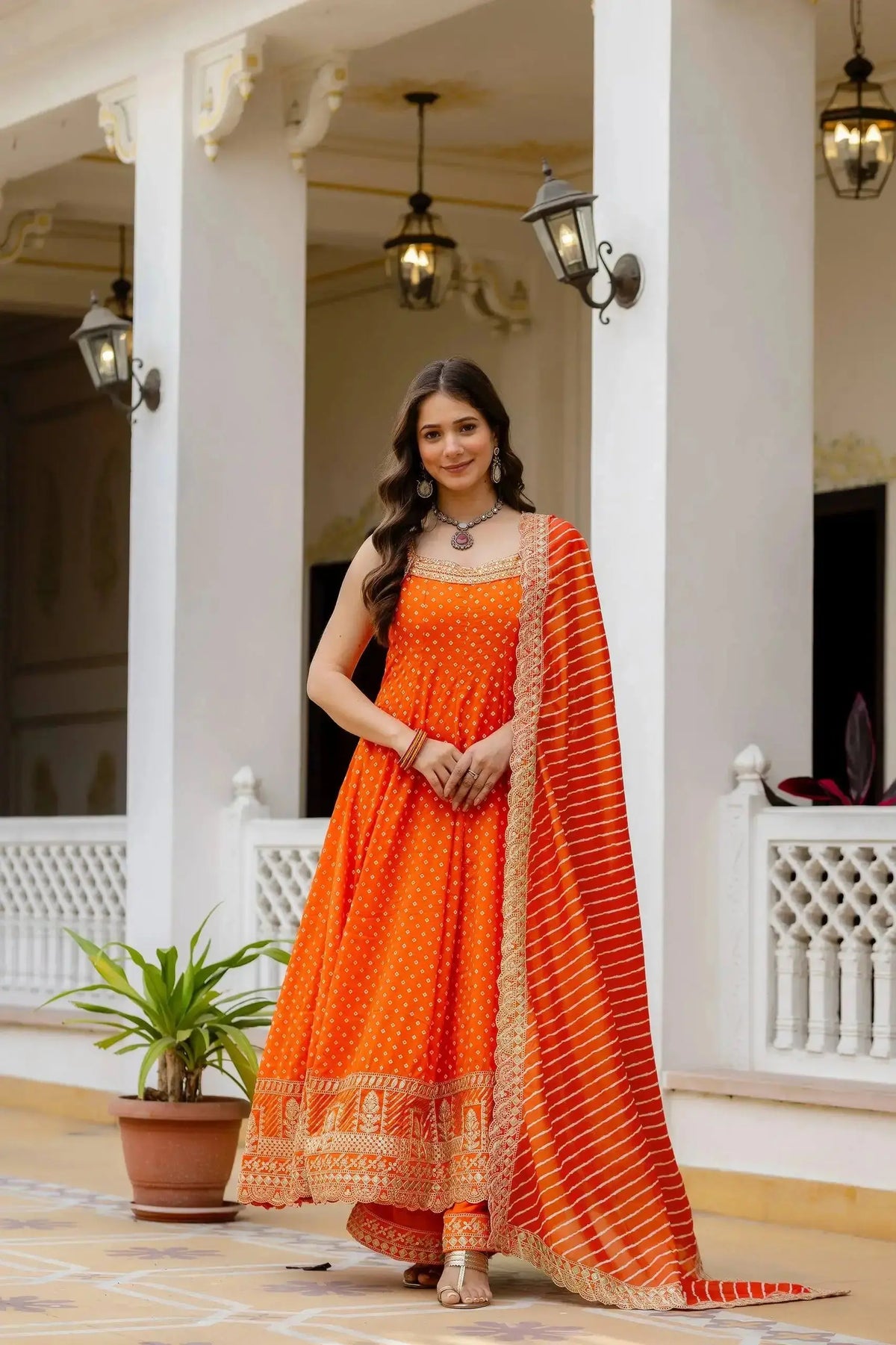 Orange Embroidered Suit – Striped Lurex dupatta zari border close-up