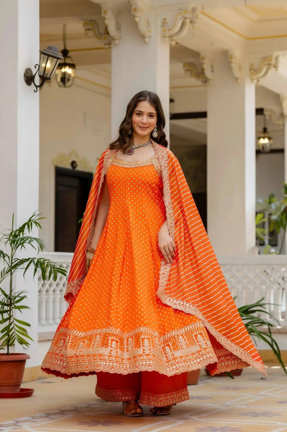Orange Anarkali Suit – second front view showing full Maxi length and Palazzo