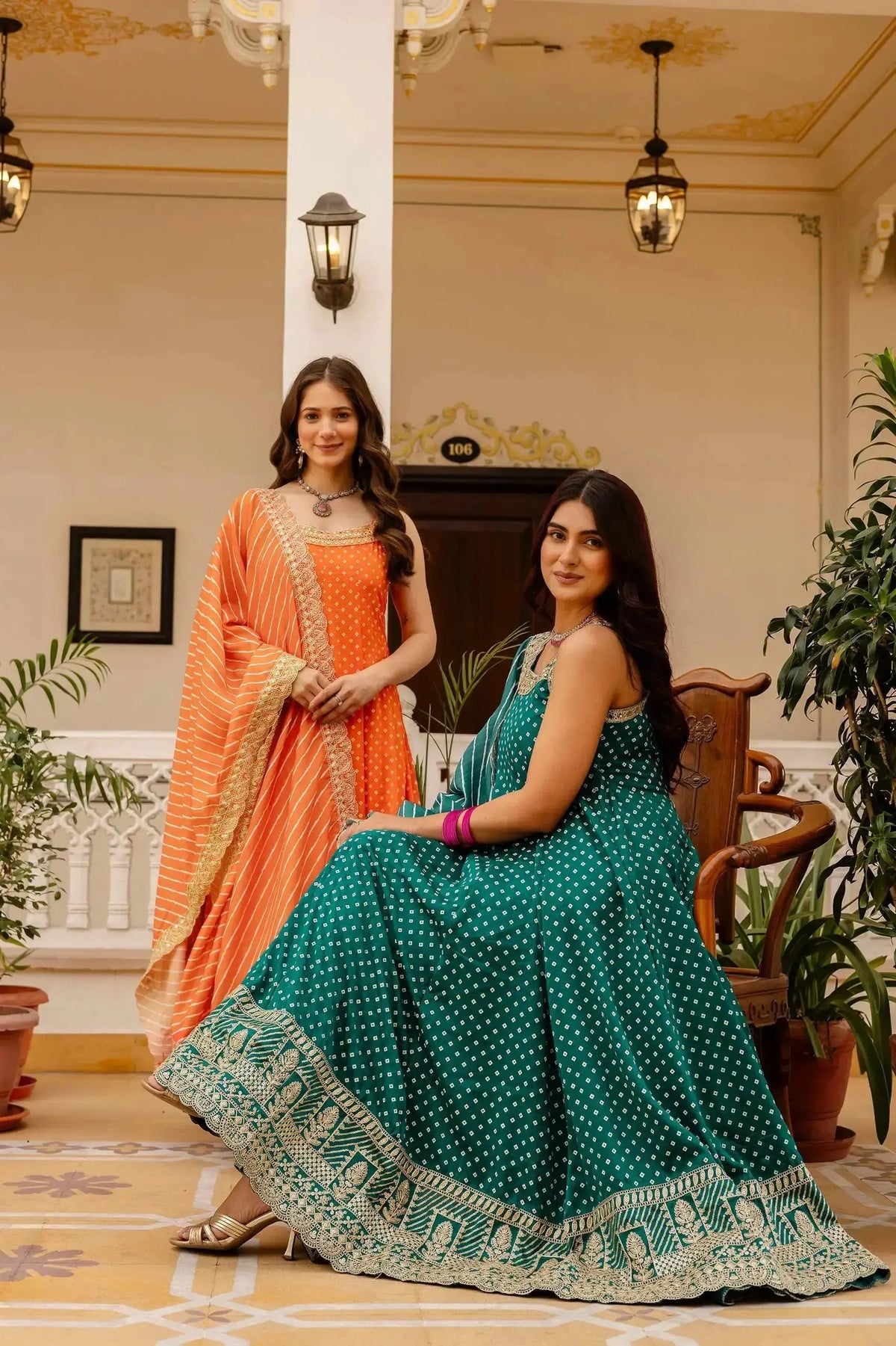 Orange Anarkali Suit set – full-length view of complete 3-piece set