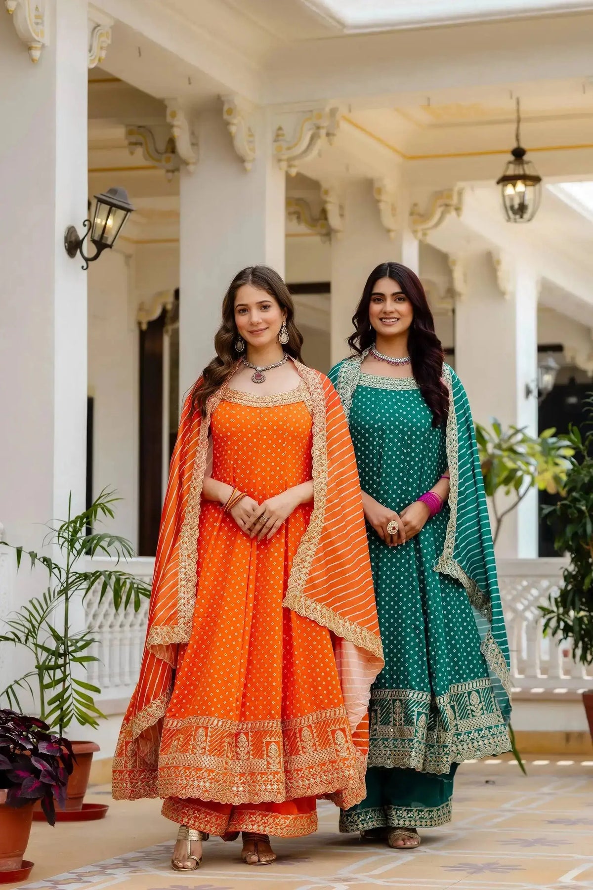 Orange Embroidered Anarkali Suit – standing full-length pose showing Palazzo flair