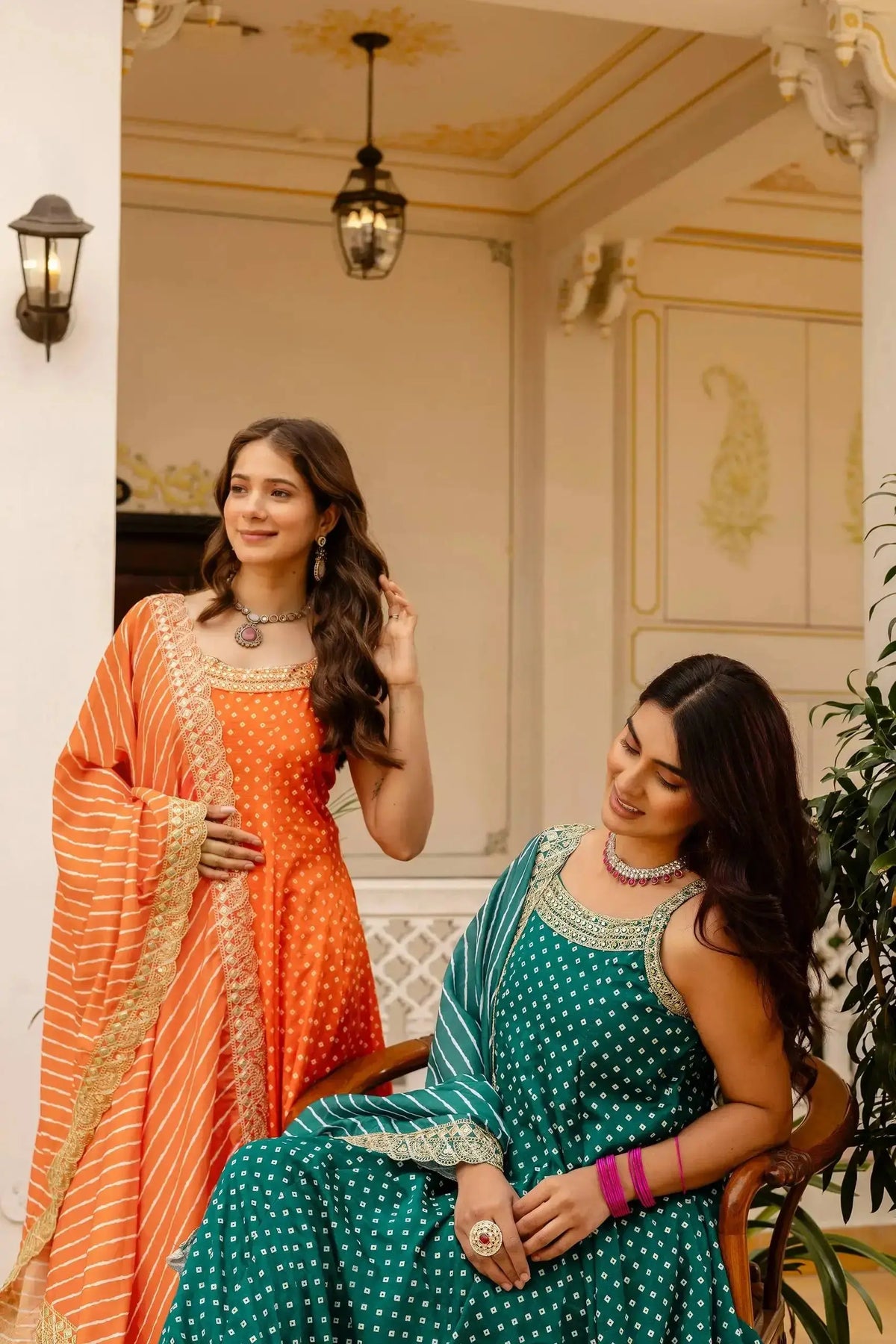 Orange Embroidered Anarkali Suit – full-length model shot with Palazzo and dupatta