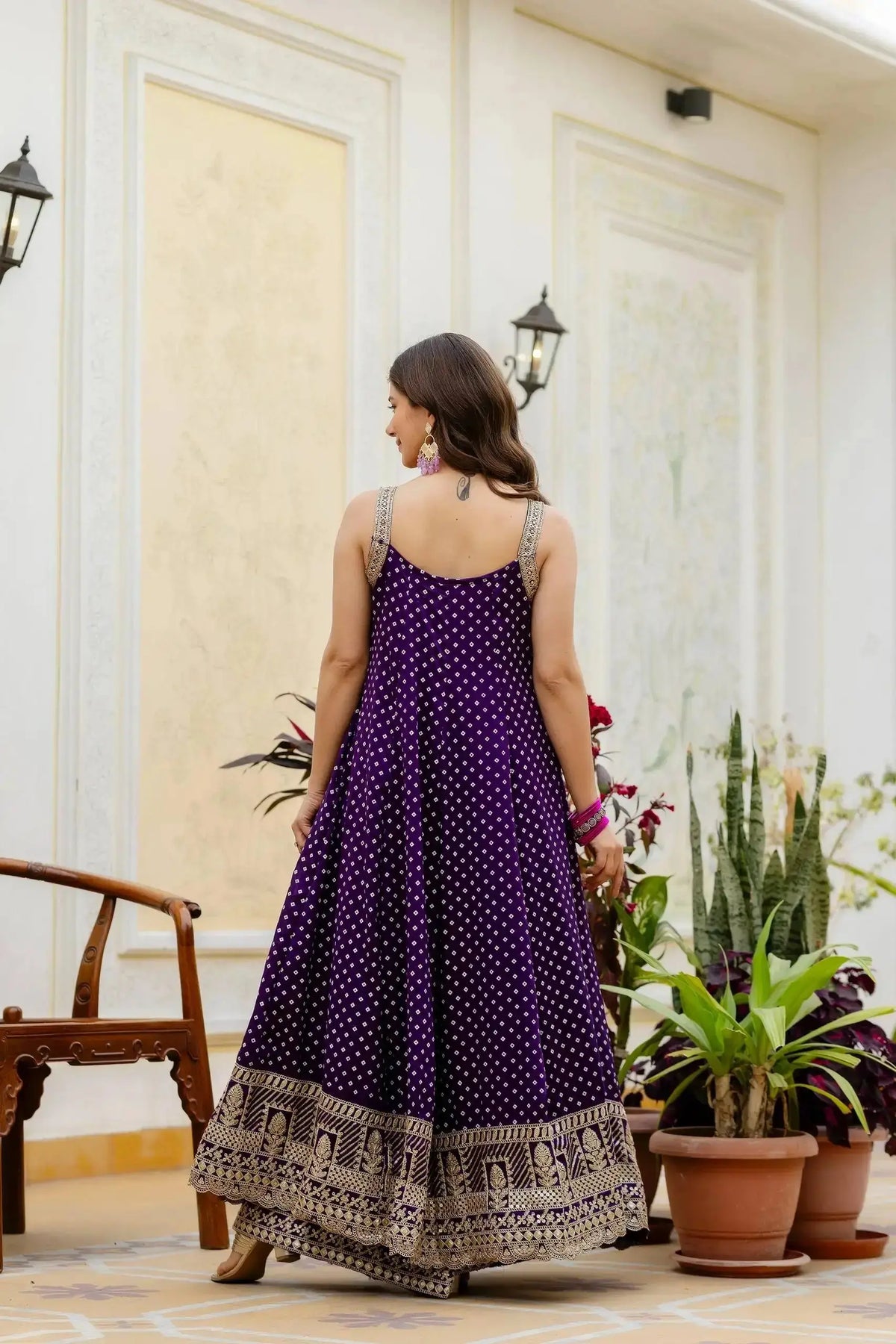 KU215 Purple Embroidered Anarkali Suit back view – Open back design with embroidered shoulder straps, showing full Maxi length and gold zari hem