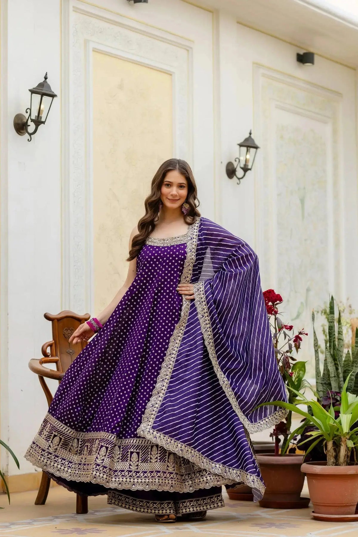 KU215 Purple Embroidered Anarkali Suit – Flying dupatta pose showing full A-line flair, leheriya Striped Lurex dupatta with gold zari border
