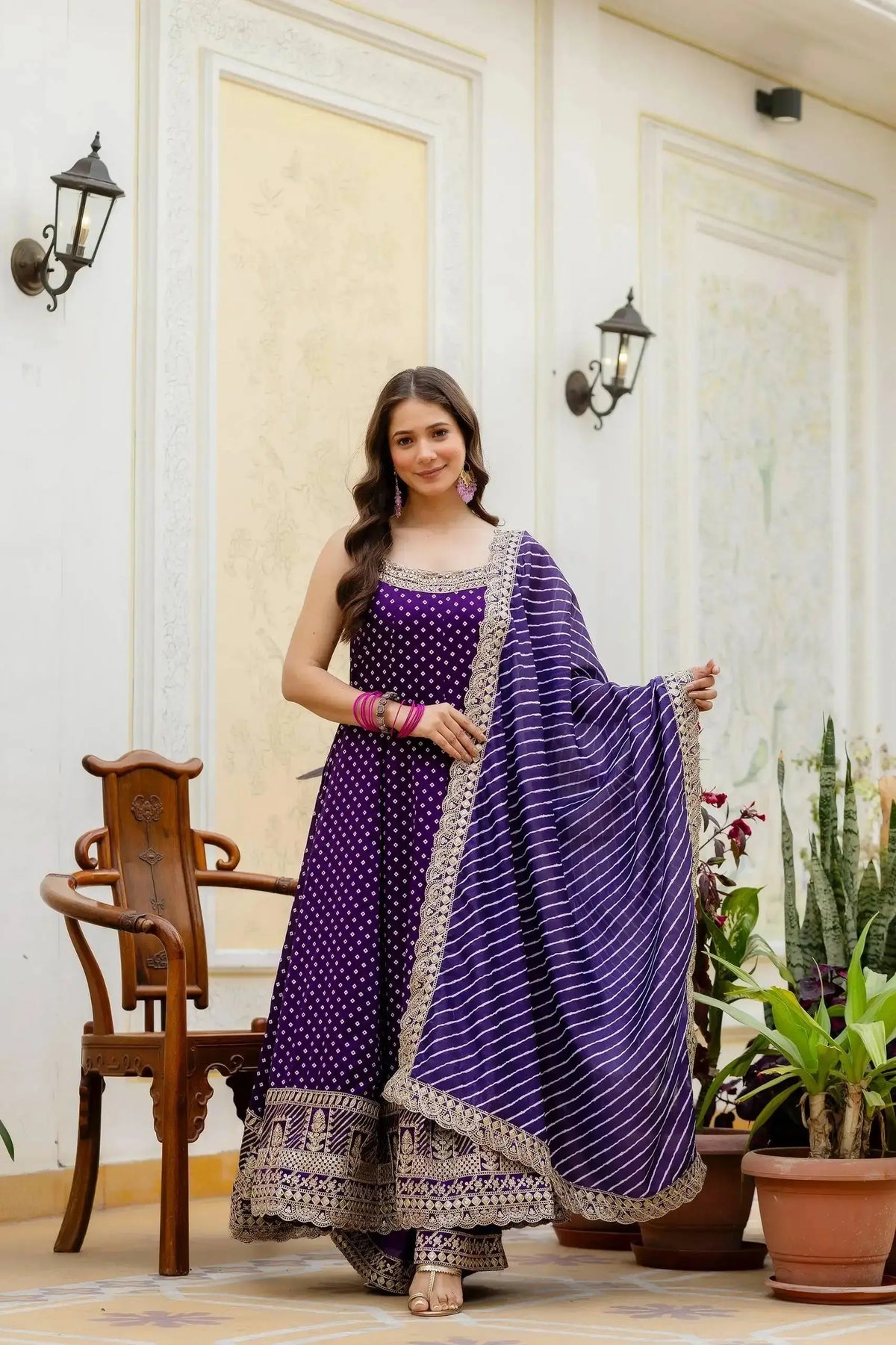 KU215 Purple Anarkali Suit with dupatta held open – Showing full Maxi length, Vichitra Silk Blend fabric and embroidered gold zari hem border