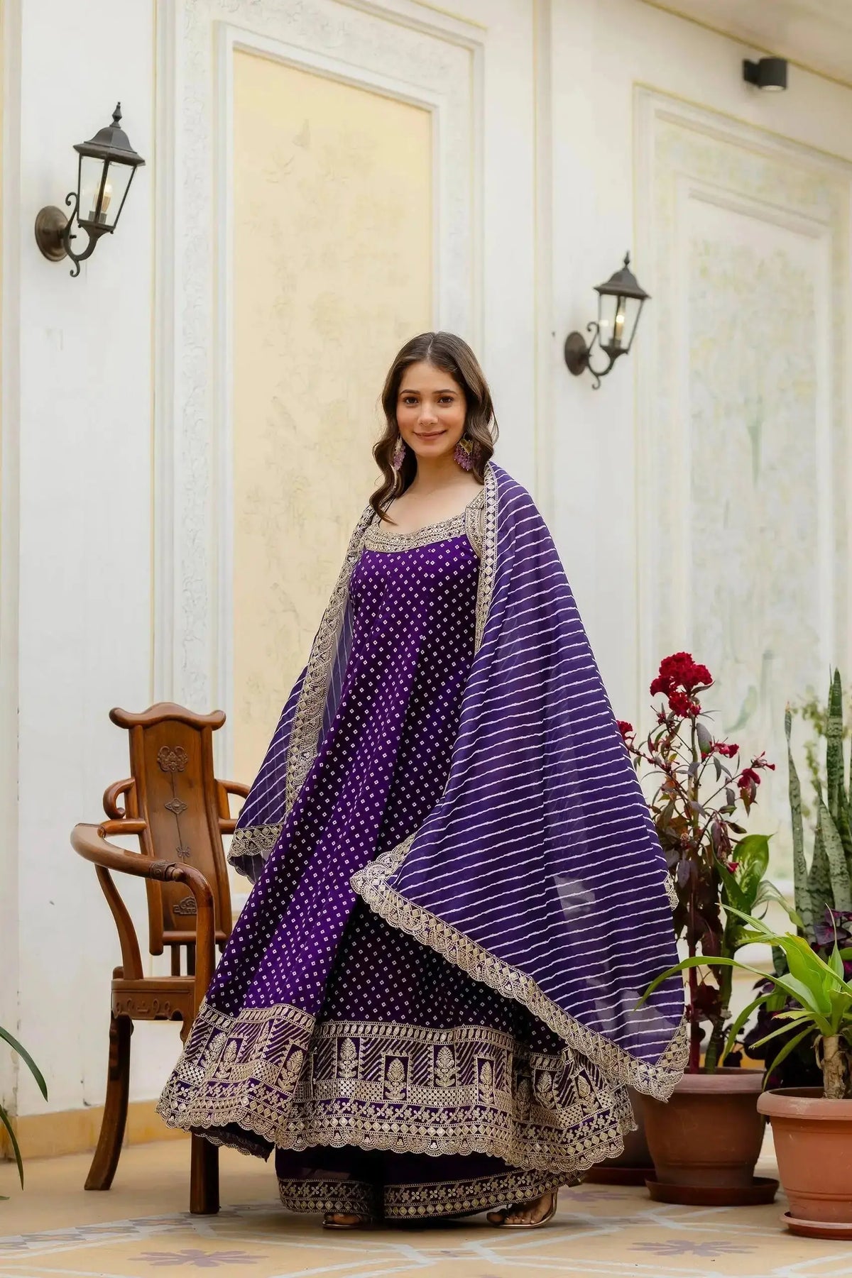 KU215 Purple Anarkali Suit with dupatta spread wide – Full-length shot showing mirror work yoke, Bandhej print body and scalloped zari hem