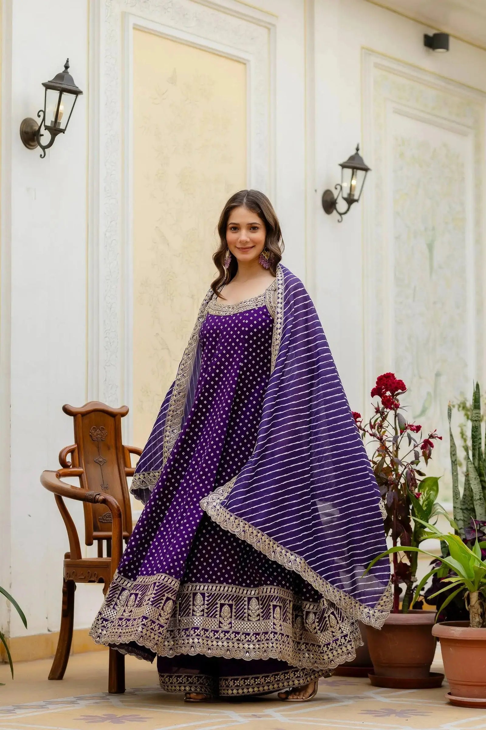 KU215 Purple Anarkali Suit with dupatta spread wide – Full-length shot showing mirror work yoke, Bandhej print body and scalloped zari hem