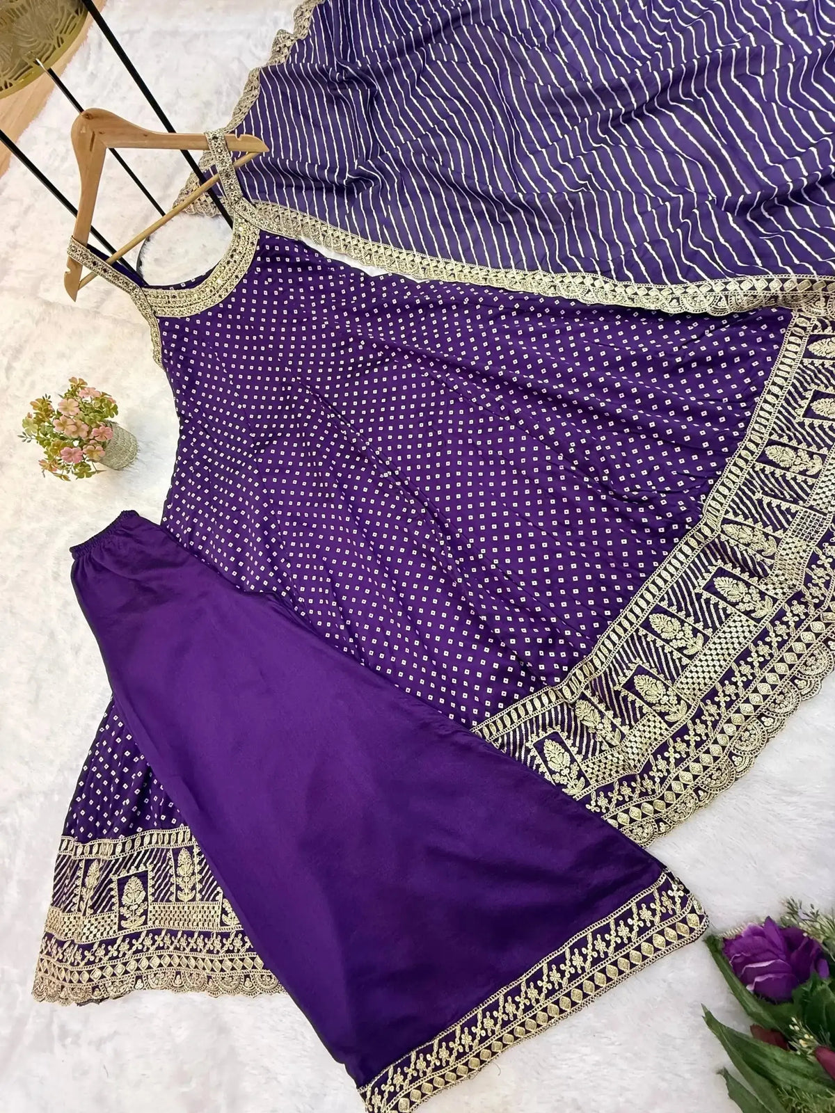 KU215 Purple Embroidered Anarkali Suit – Flat lay showing all 3 pieces: Anarkali kurta, Palazzo pants and Striped Lurex dupatta with gold zari border