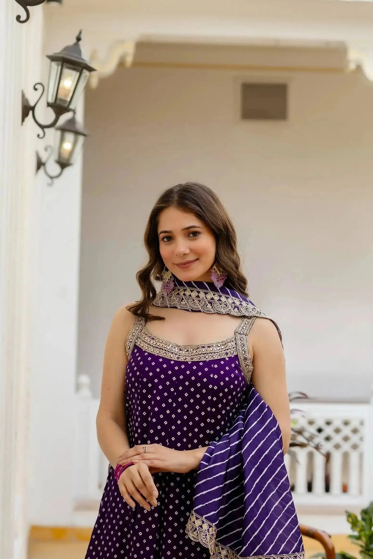 KU215 Purple Anarkali Suit – Portrait close-up showing mirror work yoke, round neckline and Striped Lurex dupatta with scalloped zari border