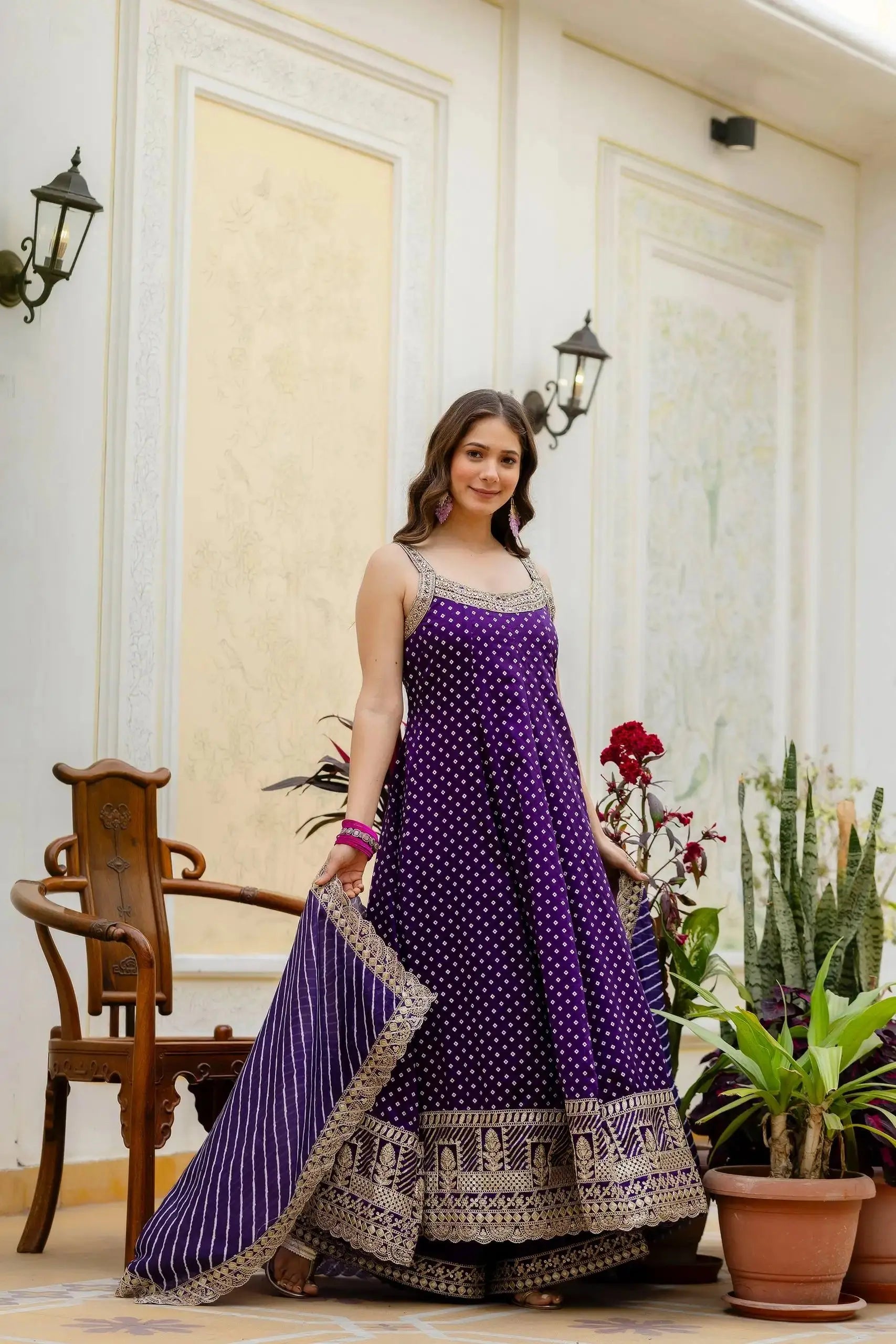 KU215 Purple Anarkali Suit side view – Three-quarter shot without dupatta showing Anarkali flair, Vichitra Silk Blend fabric and gold zari border