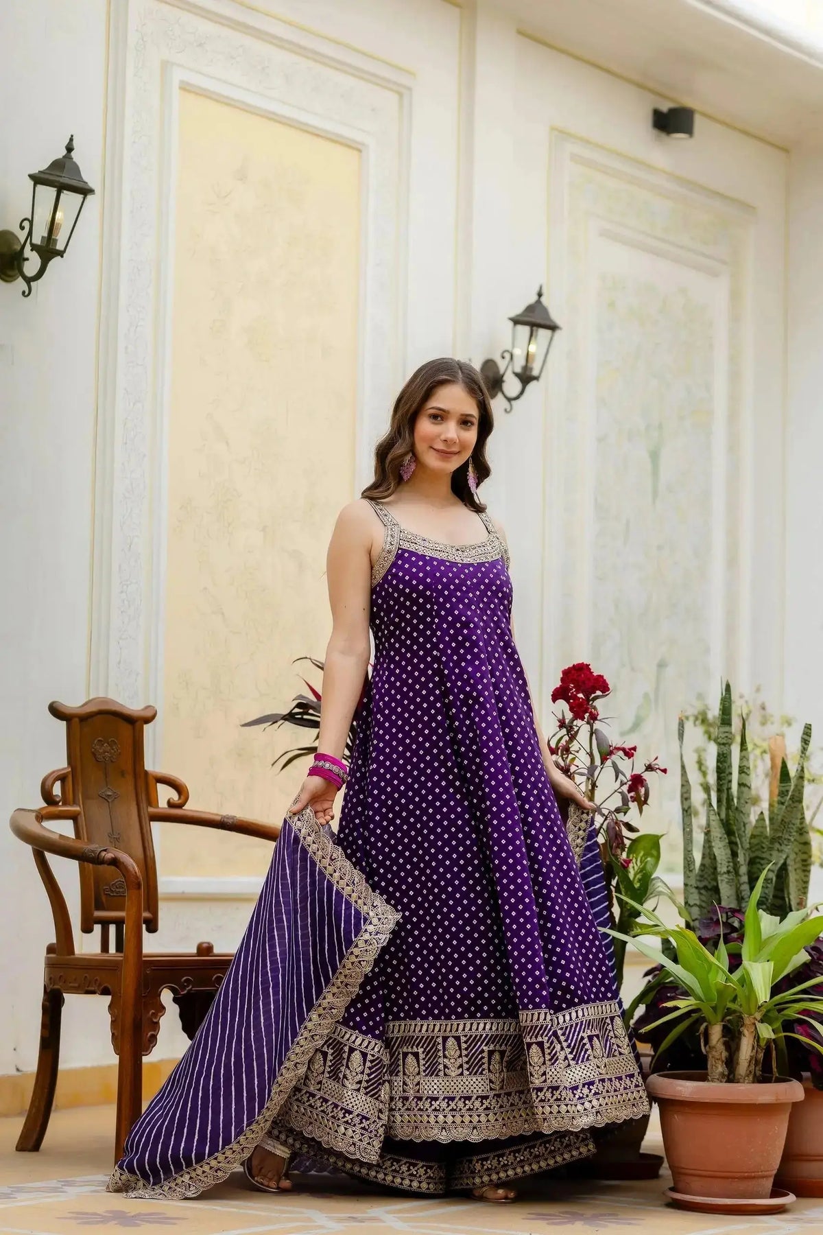 KU215 Purple Anarkali Suit side view – Three-quarter shot without dupatta showing Anarkali flair, Vichitra Silk Blend fabric and gold zari border