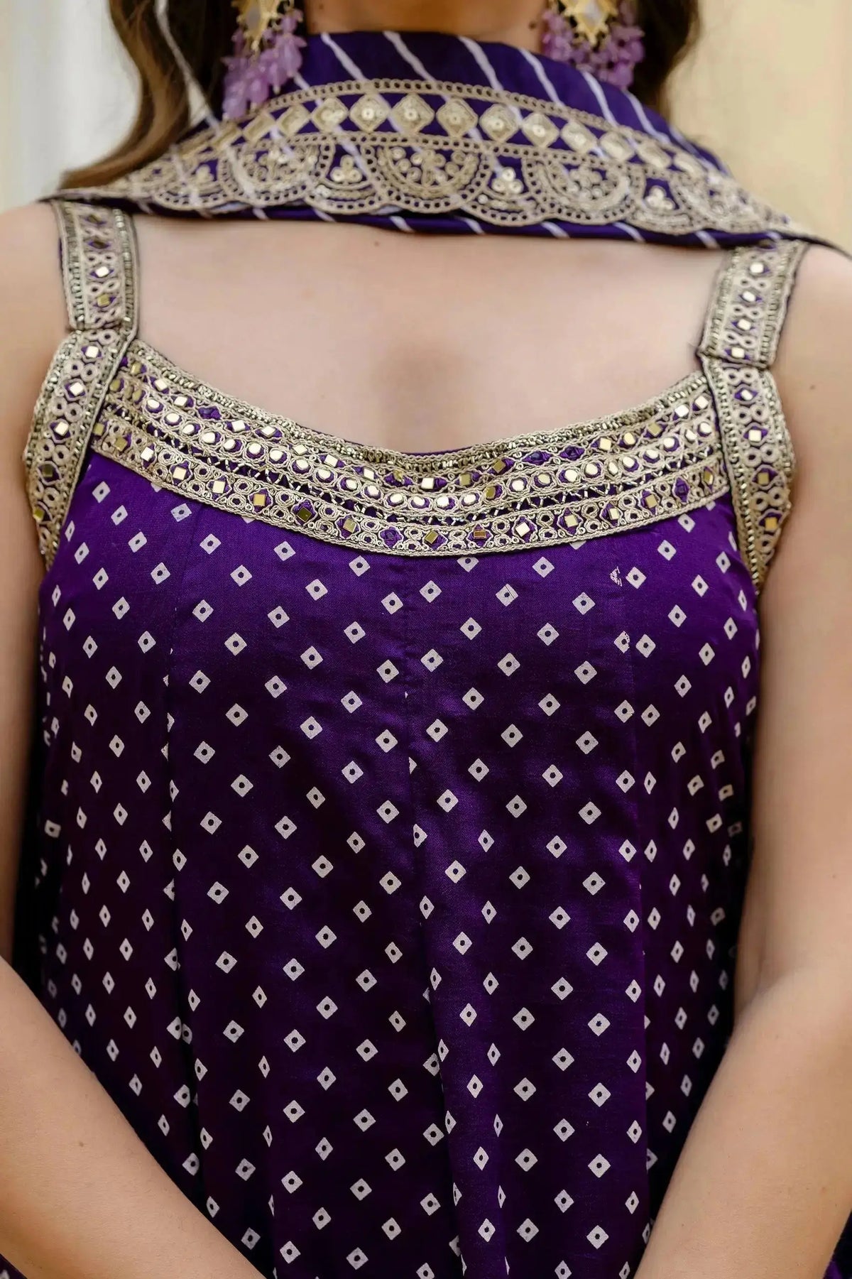 KU215 Purple Anarkali Suit – Close-up of yoke showing dense sequins and mirror work in gold on Vichitra Silk Blend with diamond Bandhej print