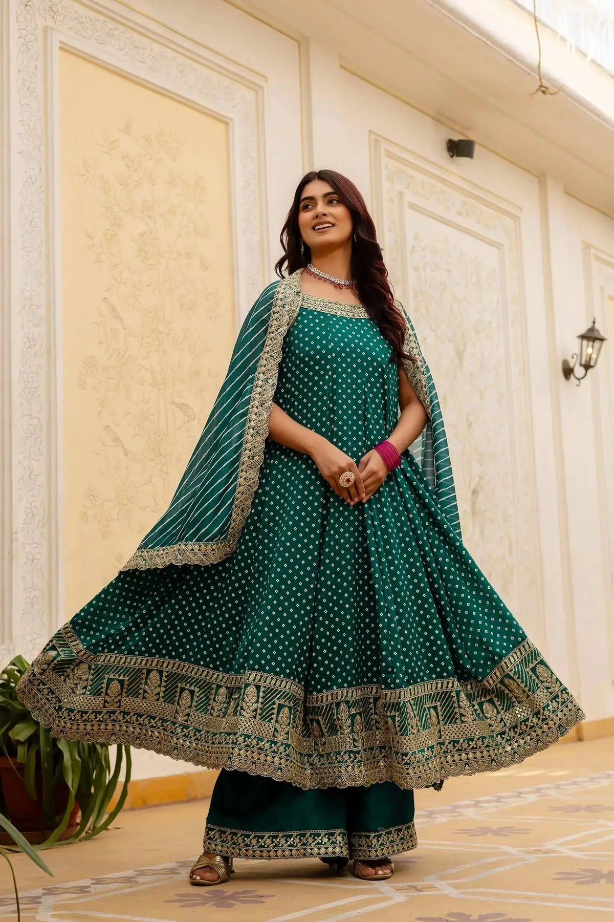 Teal Green Embroidered Anarkali Suit – back view showing open back