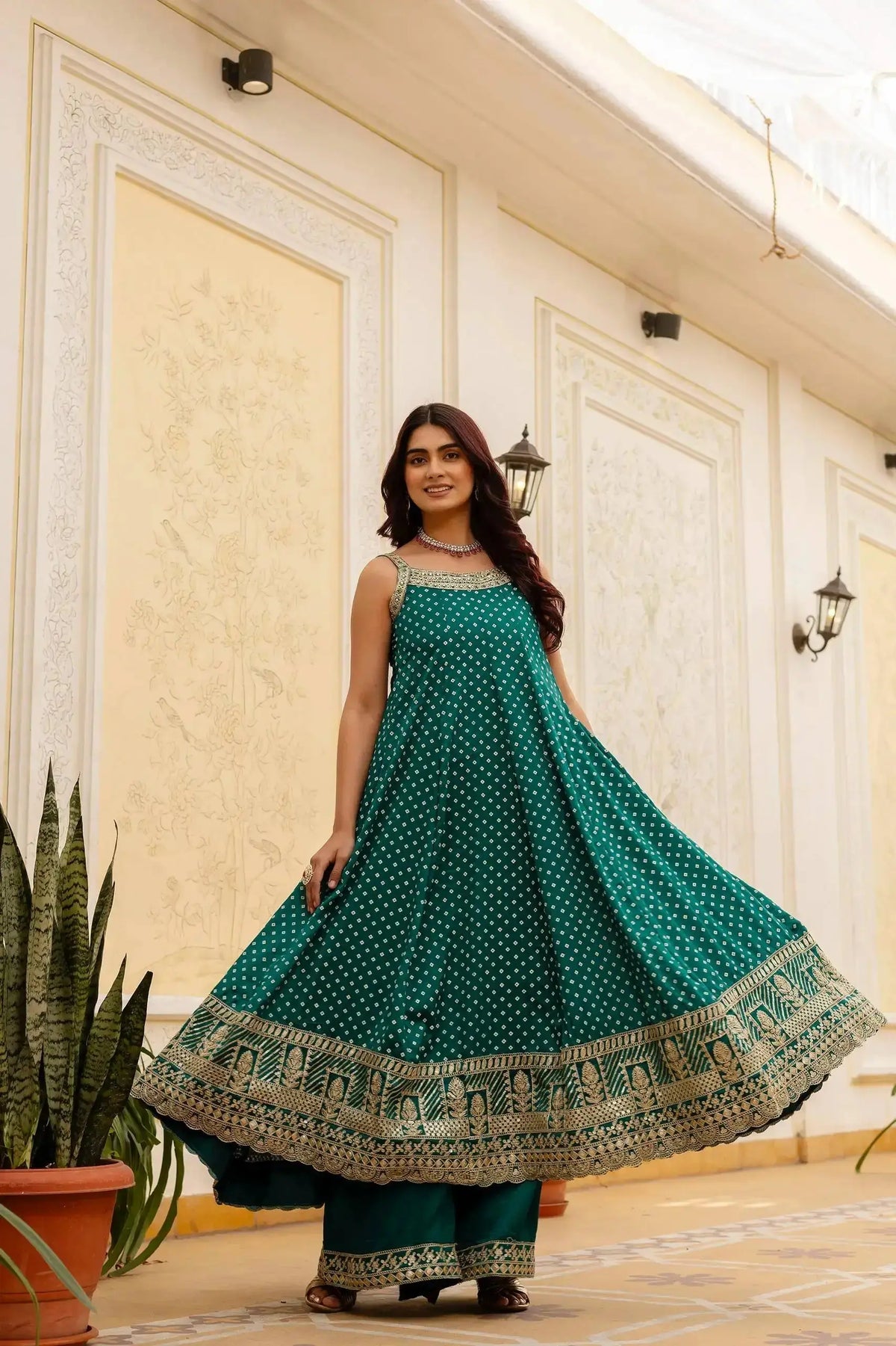 Teal Green Suit – mirror work and sequins close-up on yoke panel