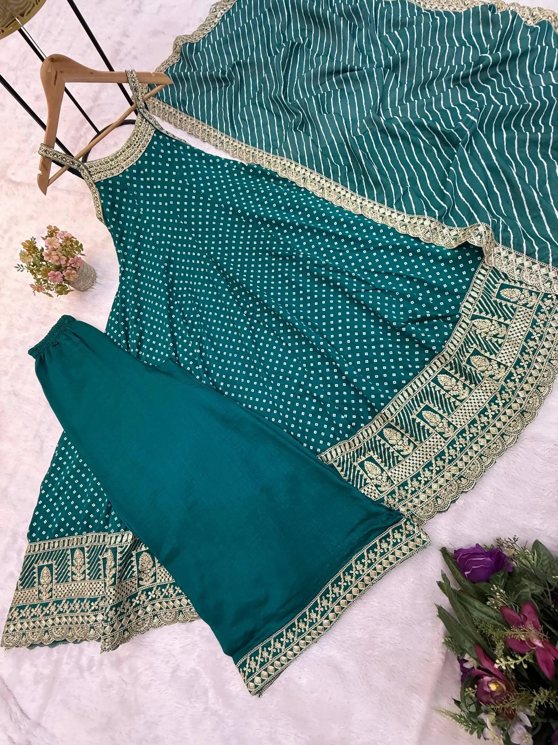 Teal Green Embroidered Anarkali Suit flat lay – suit, Palazzo and Striped Lurex dupatta