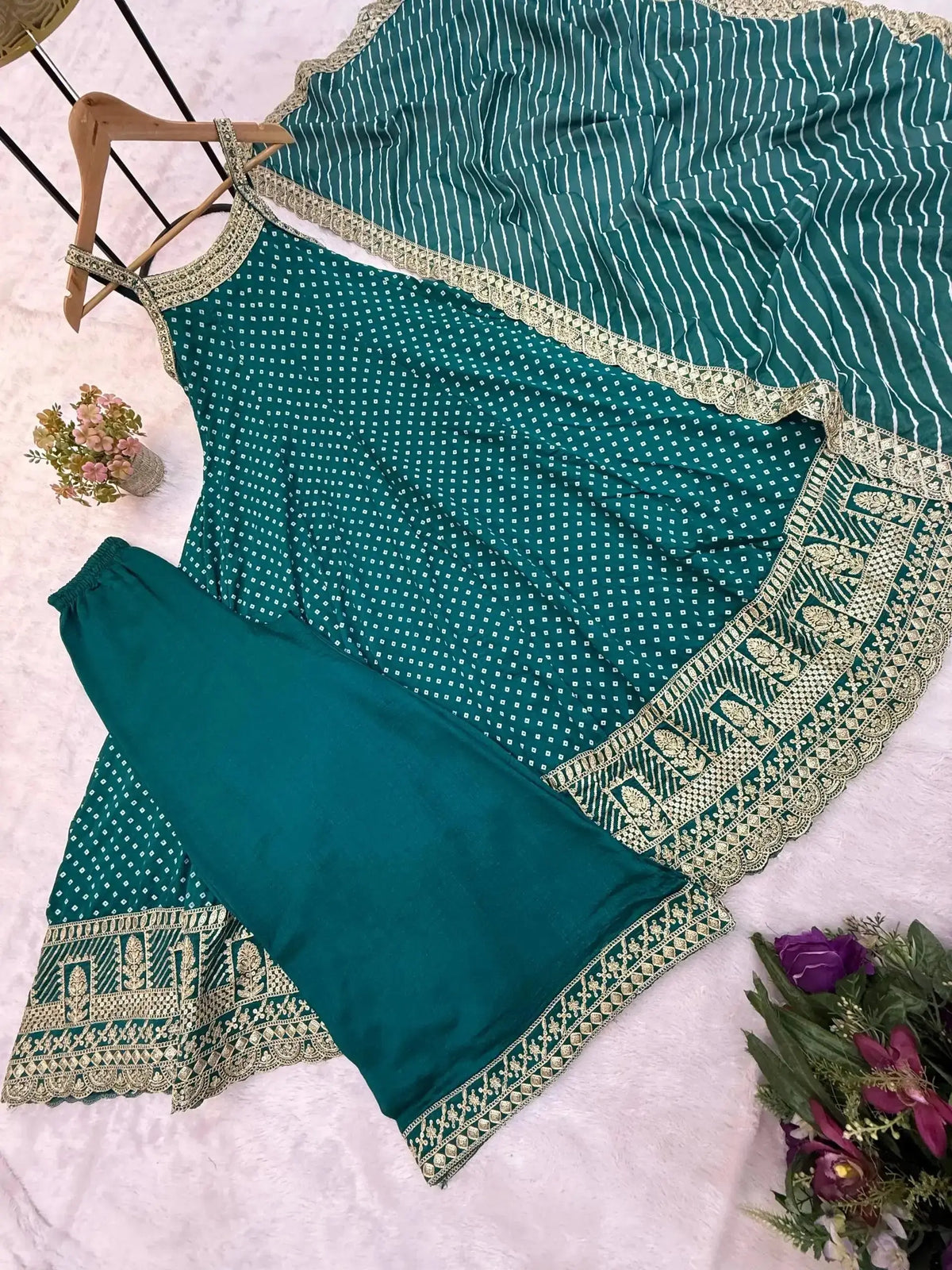 Teal Green Embroidered Anarkali Suit flat lay – suit, Palazzo and Striped Lurex dupatta