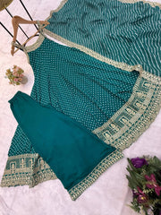 Teal Green Embroidered Anarkali Suit flat lay – suit, Palazzo and Striped Lurex dupatta