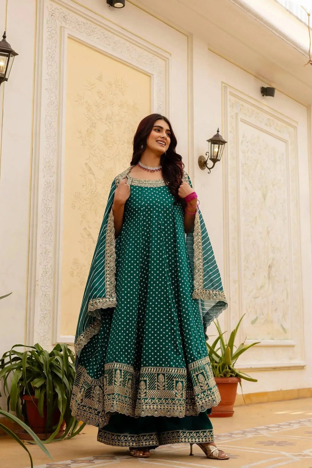 Teal Green Embroidered Suit – side view showing silhouette and dupatta drape