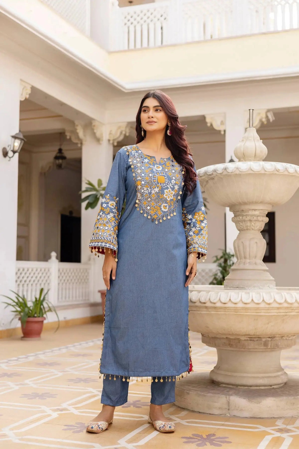 KU216 Grayish Blue Pure Cotton Denim Suit without dupatta – Heavy Embroidered yoke and coin tassel hem, full-length front