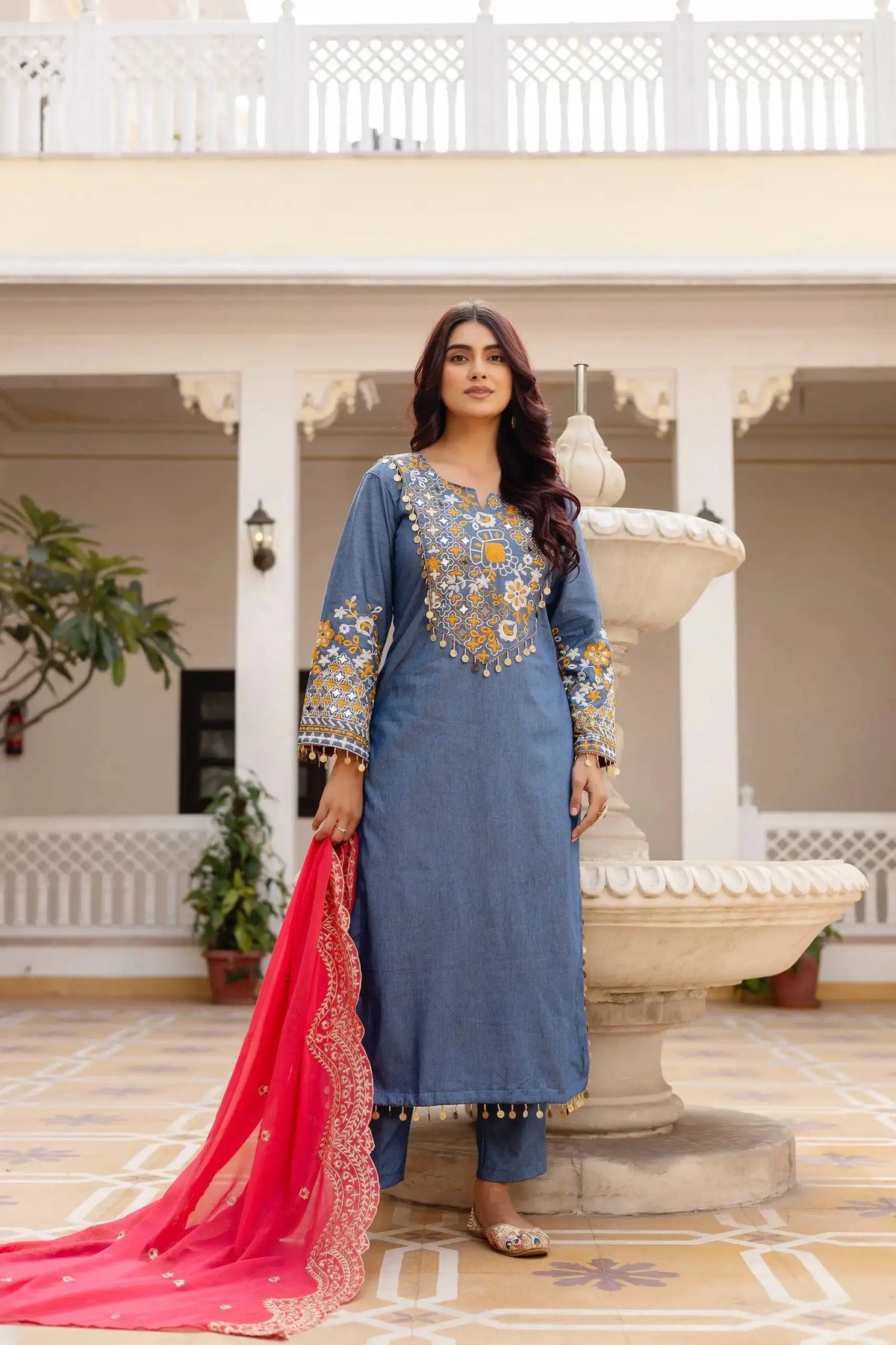 KU216 Grayish Blue Heavy Embroidered Suit with Mirror Work and Coin Tassels – Full-length front view with coral-pink dupatta