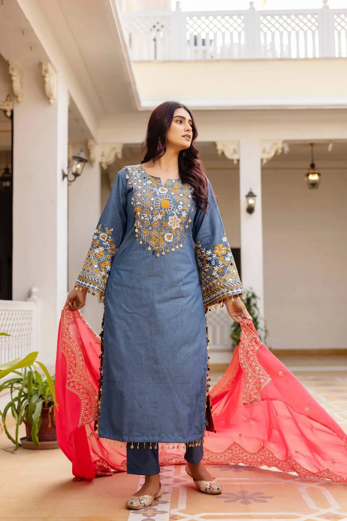 KU216 Grayish Blue Embroidered Cotton Denim Suit with coral-pink Zari Border dupatta flowing – Festive occasion wear