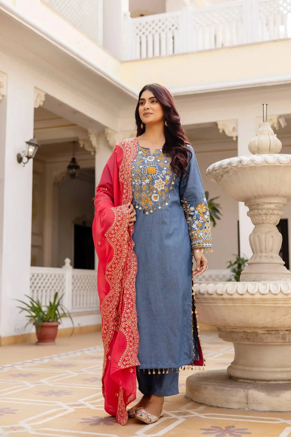 Grayish Blue Heavy Embroidered Suit KU216 – Side view with coral-pink dupatta, showing full kurta length and coin tassels