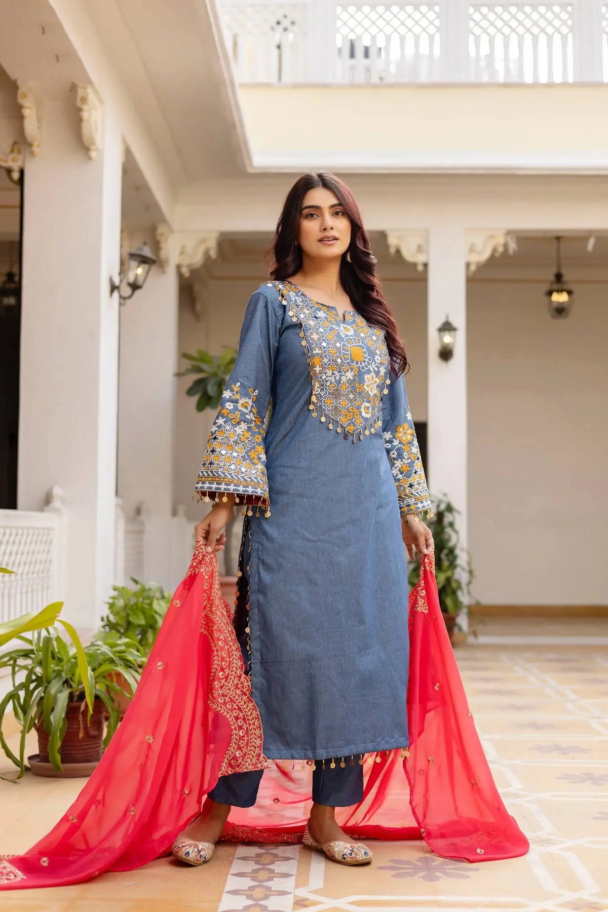 KU216 Grayish Blue Suit with coral dupatta spread wide – Full-length shot showing embroidered yoke and straight pants