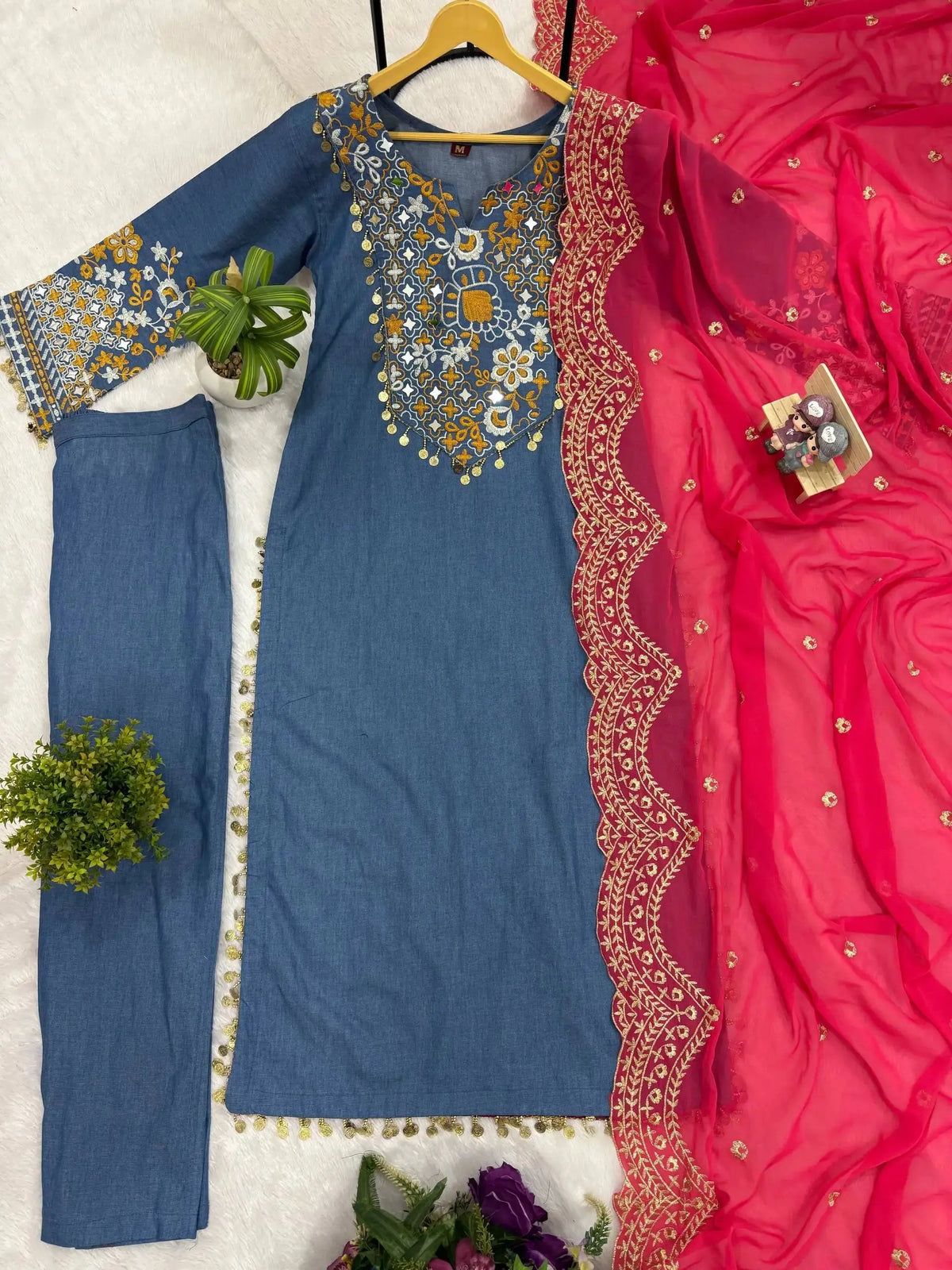 KU216 Grayish Blue Heavy Embroidered Suit – Flat lay showing all 3 pieces: kurta, straight pants and coral Zari Border dupatta
