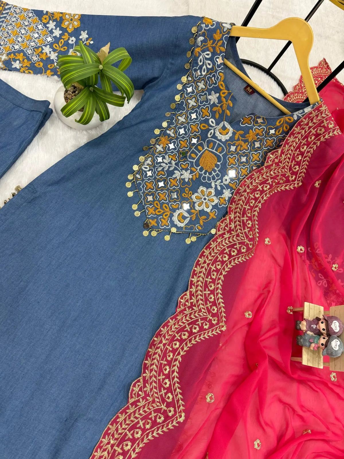 KU216 Grayish Blue Embroidered Suit flat lay on hanger – Showing kurta with mirror work yoke, coin tassel hem and coral dupatta