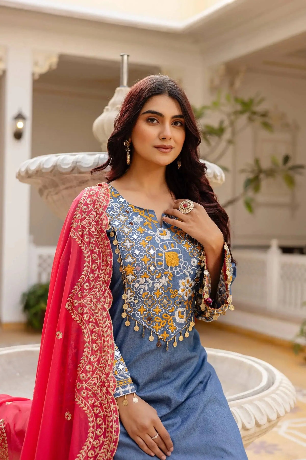 Grayish Blue Heavy Embroidered Suit KU216 – Portrait shot highlighting mirror work yoke embroidery and coral-pink dupatta