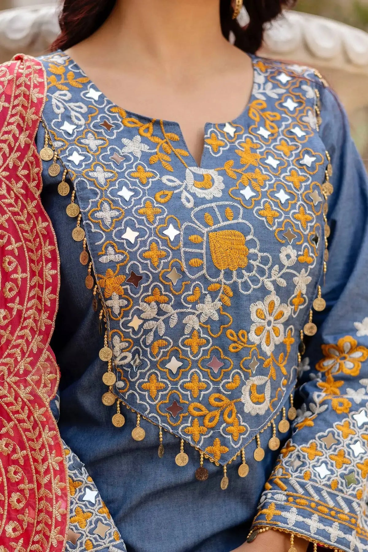 KU216 Grayish Blue Suit – Close-up of yoke embroidery with mirror inserts, mustard yellow thread work and gold coin tassels