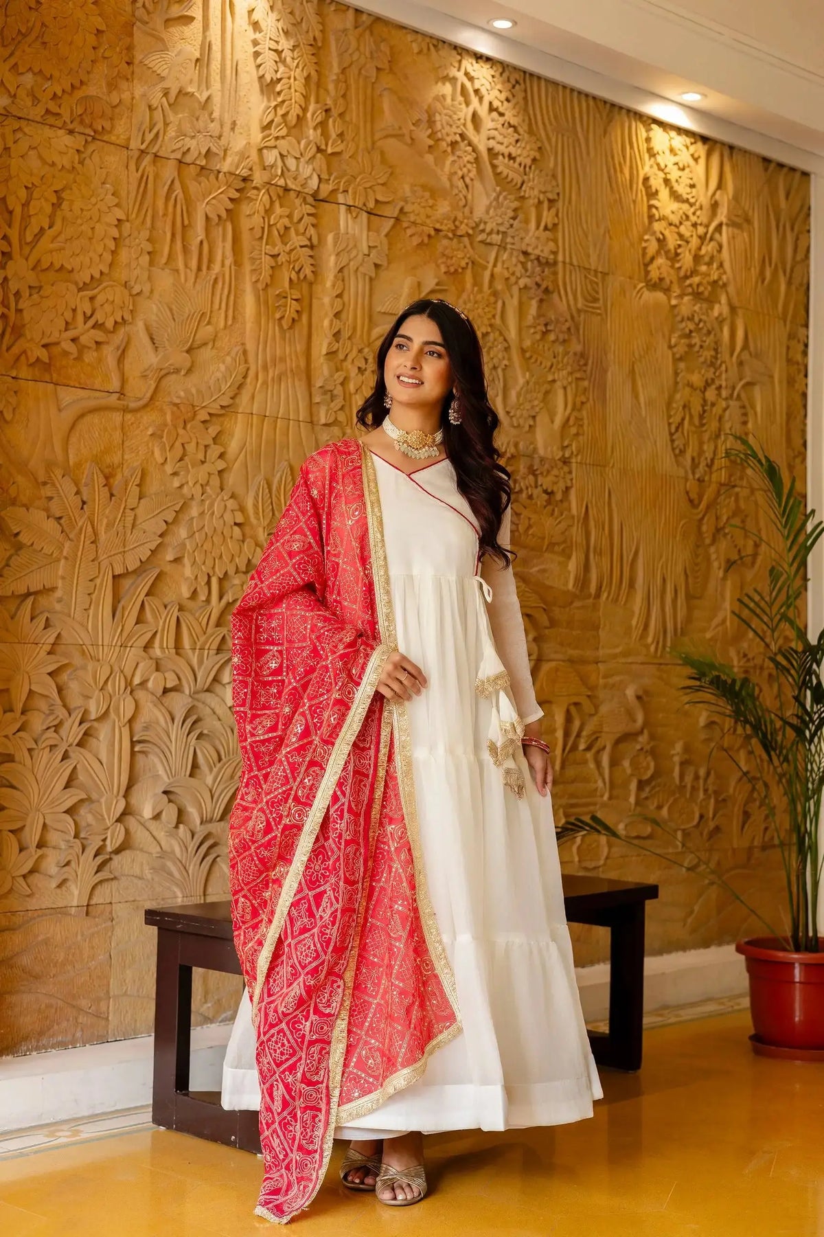 KU217 White Anarkali Suit with Dark Pink Bandhej Dupatta – Full-length front view, tiered flair and V-neck