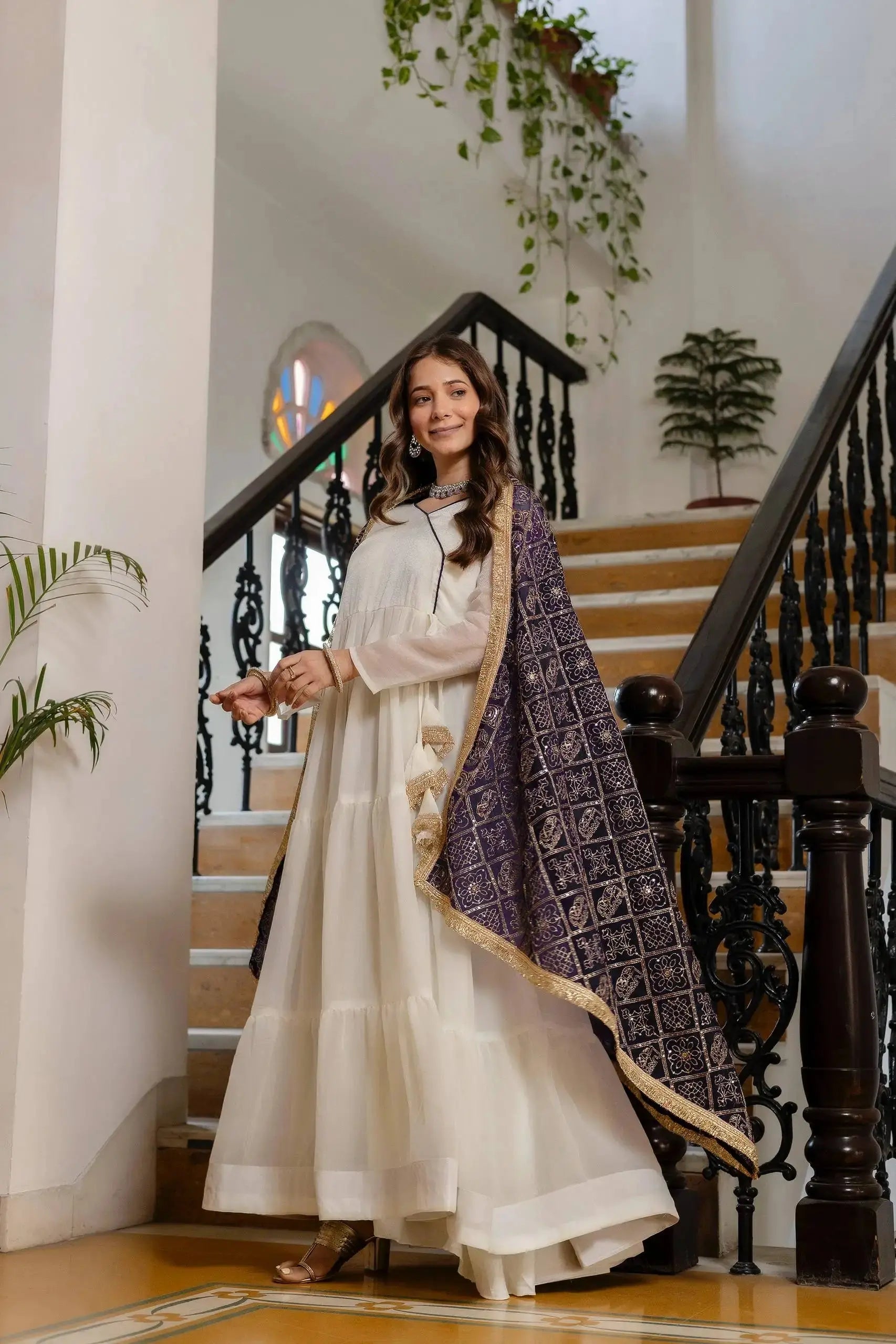 White Anarkali Suit Purple Dupatta – second back view with dupatta draped