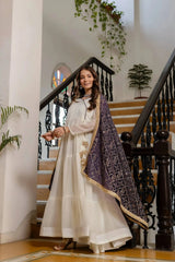 White Anarkali Suit Purple Dupatta – second back view with dupatta draped